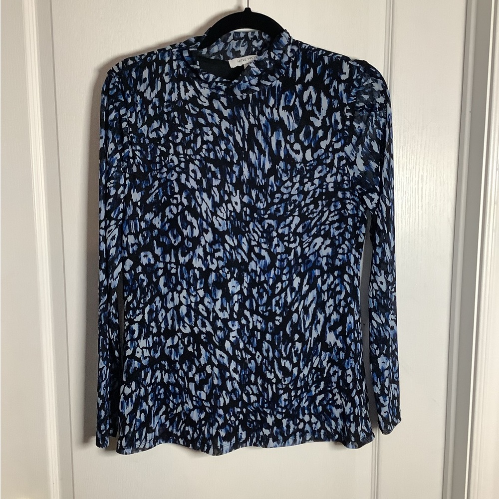 Nine West Blue Long Sleeve Fitted Mesh Top